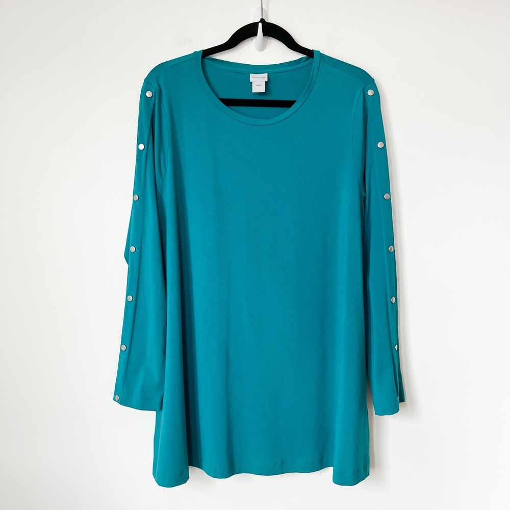 Chico's Teal Green Pima Cotton‎ Tunic Top Button Detail Womens Large